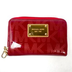 Michael Kors Red Monogram Wallet Medium Size Zip Closure